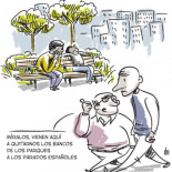 La crisis provoca disputas por los bancos del parque [viñeta]