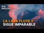 Vista aérea de los ríos de lava saliendo del volcán de La Palma