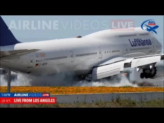 Aterrizaje brusco y despegue de la aeronave Boeing 747-8i de Lufthansa en el aeropuerto de LAX (Los Angeles)