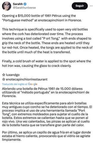 Abriendo una botella de Pétrus 1961 de 15.000 dólares utilizando el "método portugués" en Florencia