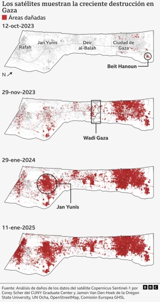 Los mapas que muestran la destrucción de Gaza tras 15 meses de ofensiva de Israel