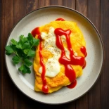 Tortilla de huevos con kétchup y queso fundido